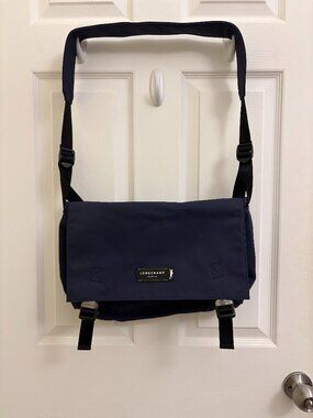 Longchamp Paris Navy Blue Canvas Messenger Crossbody Bag